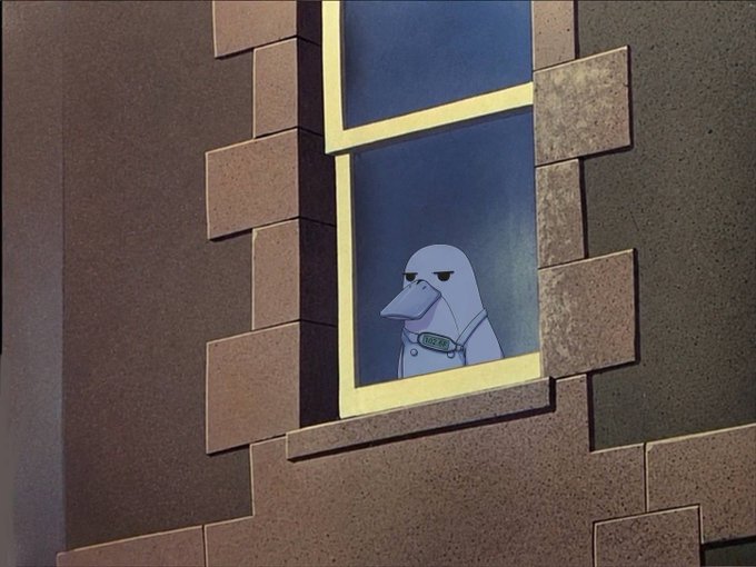 A melancholic blue pigeon wearing a "FUEL" tag gazes out from behind a window of a stone building, symbolically watching over the cryptocurrency's journey. The pigeon likely references the "$FUEL" token mentioned in the post, representing the lonely vigilance required when holding low-cap meme coins through their volatile early stages toward potential 1M market cap gains.