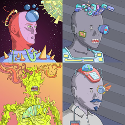 A four-panel illustration of stylized, cyberpunk/alien-themed humanoid characters with mechanical enhancements, cybernetic features, and unusual color palettes including pink, gray, and green.