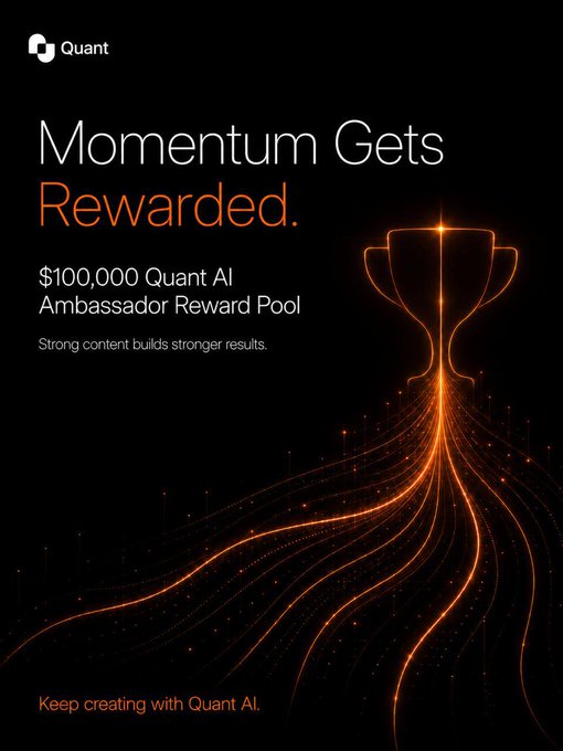 The image is a poster for an online community where people share ideas, collaborate, and learn from one another's experiences. The title of the poster reads " Momentum Gets rewarded", and it features a cup with a golden rim at its base and orange waves emanating from the center, symbolizing energy, creativity, and positivity. Below the main image, there is text that reads: "The second week of the $100,000 Quant AI Ambassador Reward Pool has wrapped up and the quality of participation is clearly leveling up. Huge congratulations to this week top contributor @IvanBullish - 250 USDT".