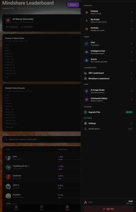 The image shows a screenshot of a computer screen displaying information about a leaderboard, possibly for an ARCG Discord server or gaming platform called Mindshare. The interface provides various details such as Leaderboards, a chat menu, options, and a sign-up button. It appears that the viewer is taking a closer look at this leaderboard to learn more about it or interact with others in the community.