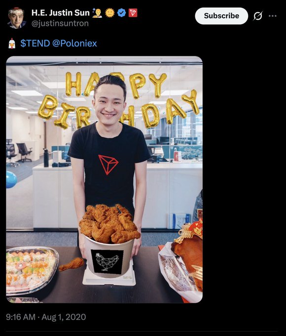 In this image, H.E. Justin Sun (@justinsuntron) celebrates a birthday in 2020, smiling behind a bucket of fried chicken ("tendies") with gold "HAPPY BIRTHDAY" balloons in the background, promoting "$TEND@Poloniex." The post recalls how Sun promoted the $TEND meme coin, which was ultimately listed on Poloniex.
