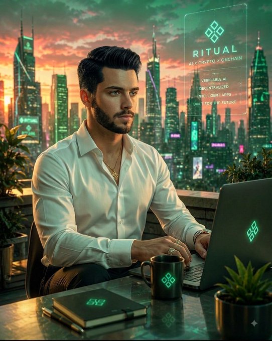 A promotional image for 'RITUAL' featuring a man with dark hair and beard working on a laptop, with a futuristic cyberpunk city skyline at sunset in the background. The floating display reads 'VERIFIABLE AI, DECENTRALIZED, INTELLIGENT APPS, BUILT FOR THE FUTURE.'