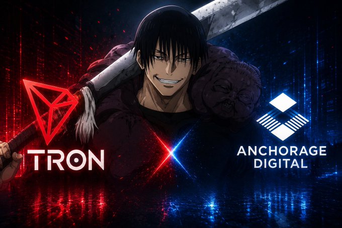 An anime character holding a sword with logos for TRON and Anchorage Digital on either side, separated by a red and blue X.