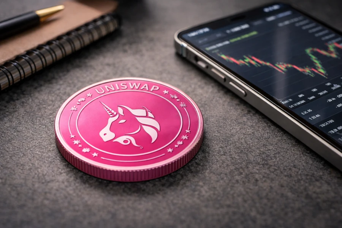 A pink Uniswap (UNI) commemorative coin featuring the unicorn logo sits on a dark surface next to a smartphone displaying a candlestick trading chart.