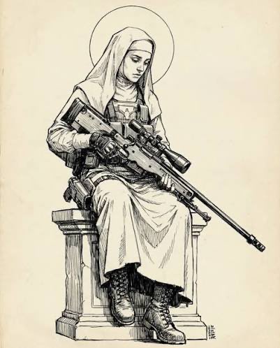 A pencil-style illustration depicts a haloed, nun-like figure seated on a stone pedestal, cradling a modern sniper rifle in her lap while wearing combat boots beneath her flowing robes. The image visually echoes the post's claim that "$LINK marines aren't dead, we just evolved"—suggesting that the traditional "Chainlink marines" archetype has transformed into a more holy, devout, or sanctified warrior figure, blending religious iconography with tactical firepower.