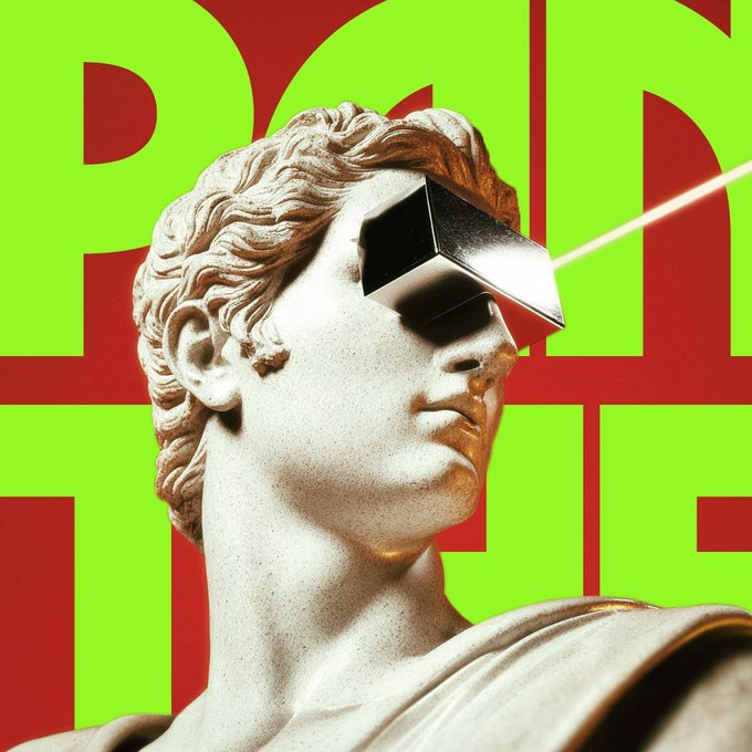 A classical marble statue wearing a black futuristic visor with a red laser beam, set against a vibrant red and lime green background with large letters.