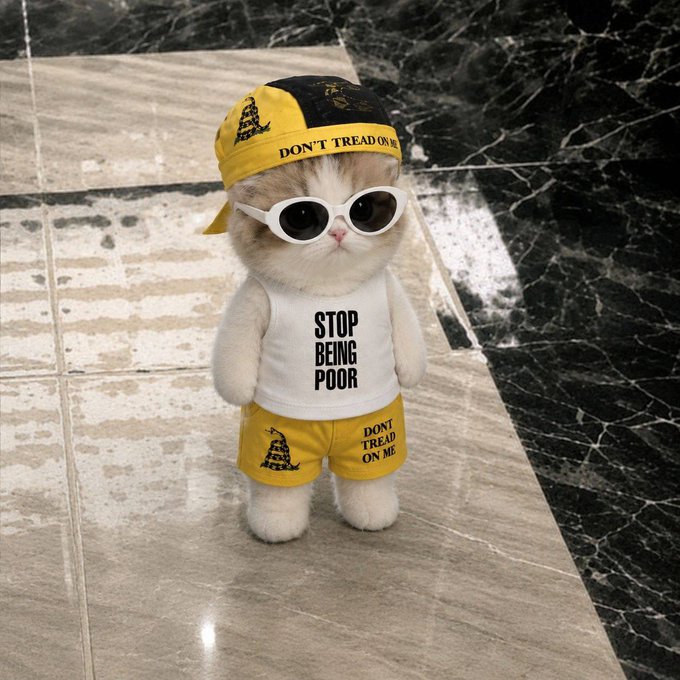 A plush cat dressed in libertarian attire including a "DON'T TREAD ON ME" Gadsden flag bandana, sunglasses, a "STOP BEING POOR" tank top, and yellow "DONT TREAD ON ME" shorts.