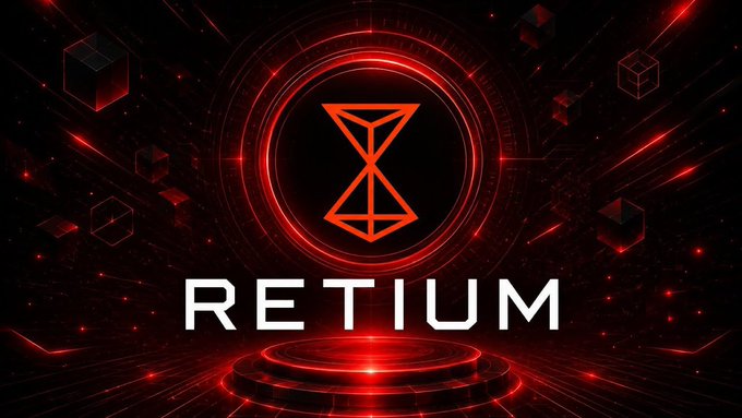 A futuristic red and black digital graphic displaying the word 'RETIUM' beneath an hourglass-like logo symbol.