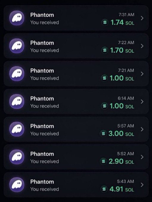 A dark-mode mobile wallet interface showing multiple incoming transactions from 'Phantom' in SOL cryptocurrency, with amounts ranging from 1.00 to 4.91 SOL.