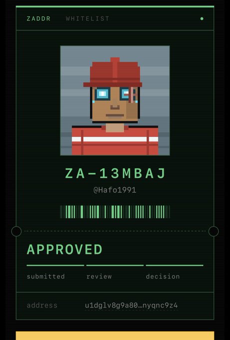 A 'ZADOR WHITELIST' approval card shows a pixel character in a red hat and striped shirt with the code 'ZA-13MBAJ', handle '@Hafo1991', barcode, and 'APPROVED' status with wallet address 'u1dglv8g9a80...nyqnc9z4'.