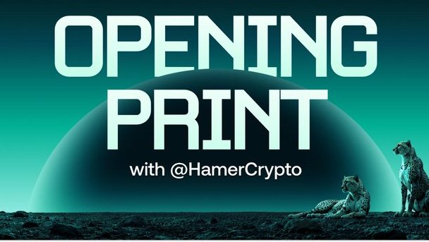 A teal-tinted promotional banner reading 'OPENING PRINT with @HamerCrypto' featuring two cheetahs resting on a rocky surface against a planetary backdrop.