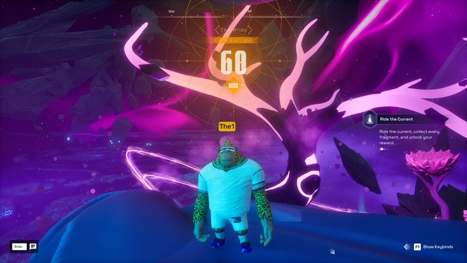 An ape character stands in a vibrant purple cosmic landscape within the Otherside game, where a "60 MAX" level indicator is displayed alongside a quest prompt reading "Ride the Current - Ride the current, collect every fragment, and unlock your reward." The image visually represents the post's excitement about reaching maximum level in Otherside, capturing the immersive ApeChain ecosystem the author is celebrating.