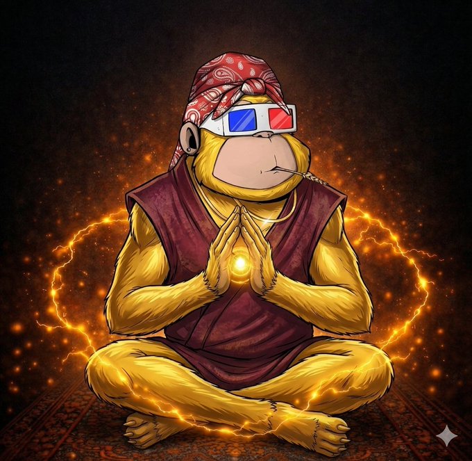 The image features a cartoon monkey sitting cross-legged with its hands clasped together, wearing a red shirt and a bandana around its neck. The background of the image is dark, creating an atmosphere that complements the overall theme of the picture. There are also some stars visible in the image, adding to the artistic touch. The post seems to be promoting a product or service related to monkeys, as indicated by the caption "Night night doing my last check in @useTria @quipnetwork @TheARCTERMINAL @NomismaNetwork".