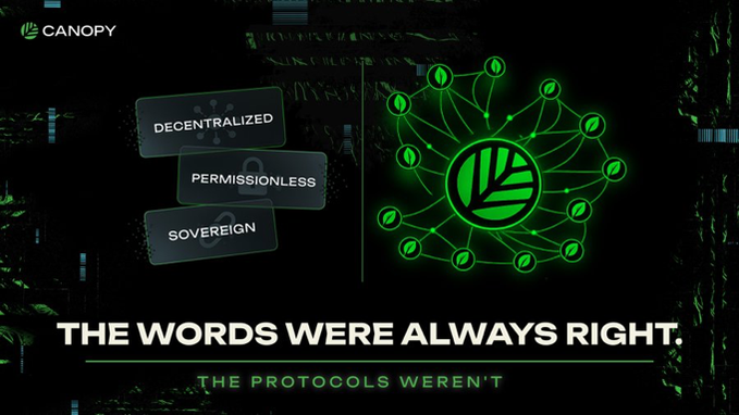 A promotional graphic for Canopy displaying a green blockchain network diagram with floating tags labeled 'DECENTRALIZED', 'PERMISSIONLESS', and 'SOVEREIGN', alongside the text 'THE WORDS WERE ALWAYS RIGHT. THE PROTOCOLS WEREN'T'.