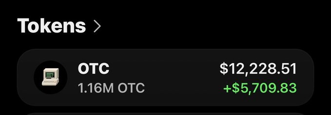 A dark-themed mobile interface displays a 'Tokens' section showing OTC at $12,228.51, with a green gain of +$5,709.83.