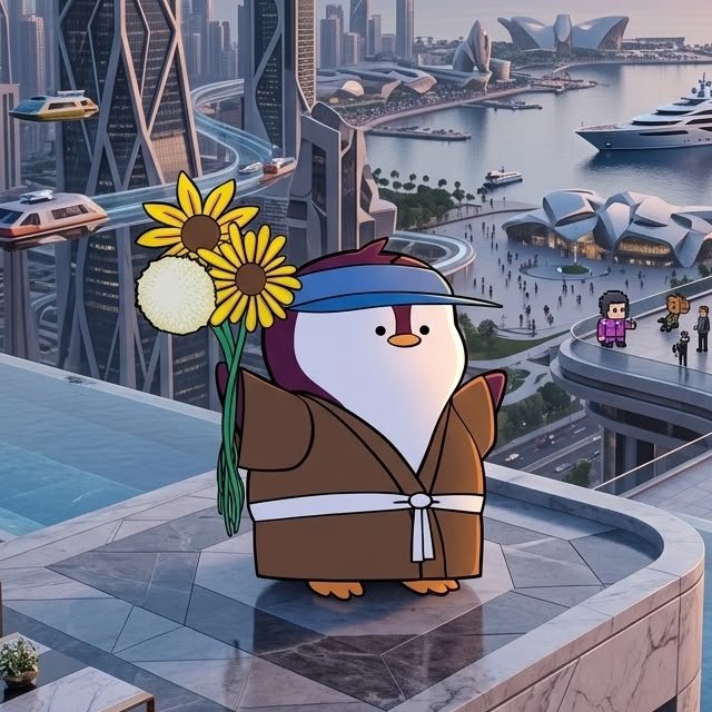 A cartoon penguin wearing a brown robe and a blue visor holds a bouquet of sunflowers, standing on a balcony overlooking a futuristic city with skyscrapers, waterways, and futuristic vehicles.