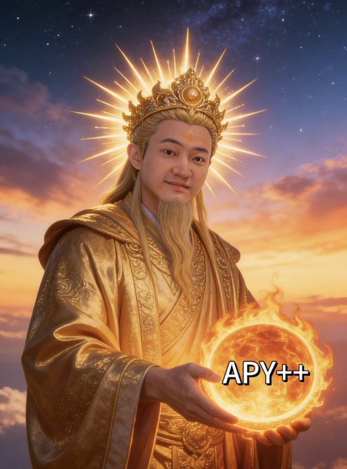 A divine, golden-robed figure with a radiant crown holds a glowing orb of flames labeled "APY++" against a sunset sky, symbolizing the powerful, unrestricted yield generation promised by the USDD and Gate.io partnership. The image's celestial imagery reinforces the post's message of flexible, no-lock-up opportunities that allow stablecoins to work for the holder like a blessing from the heavens.