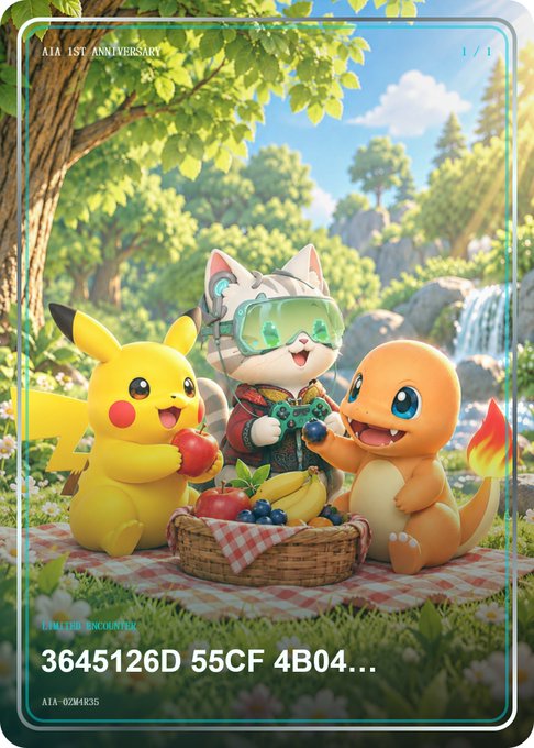 An AI-generated 1st Anniversary card featuring Pokemon characters Pikachu, Alolan Meowth wearing VR goggles, and Charmander having a picnic with a fruit basket, labeled with 'A1A-0236835'.