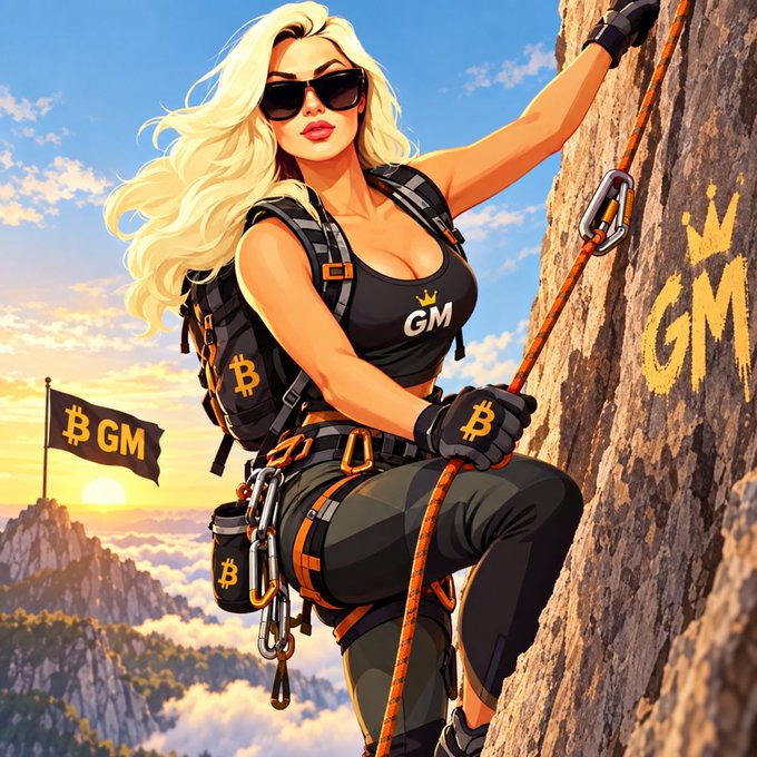 An illustration depicts a blonde woman in sunglasses rock-climbing with GM-branded gear (backpack, shirt, flag, carabiners), with Bitcoin ₿ logos and a sunset mountain backdrop.