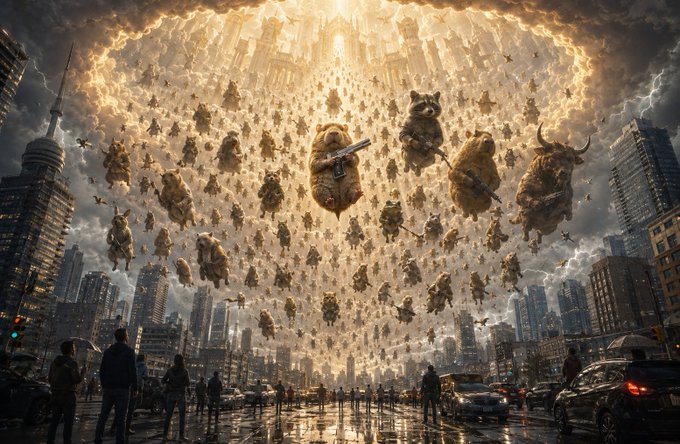 A fantastical AI-generated artwork showing animals like capybaras and raccoons descending from a bright sky over a city skyline, as people watch from the streets below.