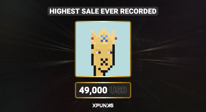 The image showcases a pixel-art golden XRP (Xpunxs #5) cryptopunk-style NFT with the caption "HIGHEST SALE EVER RECORDED" and a price tag of "$49,000 USD," highlighting a record-breaking XRP NFT sale that ties into the post announcing the return of @xrpglustic, a notable XRP NFT creator.