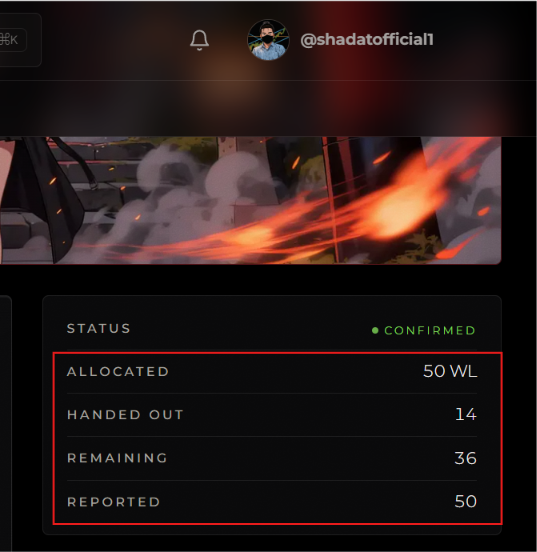 A dark-themed digital interface displays a profile '@shadatofficiall' at the top, followed by an animated image, and a status panel showing 'STATUS CONFIRMED' with metrics: 'ALLOCATED 50 WL', 'HANDED OUT 14', 'REMAINING 36', and 'REPORTED 50'.