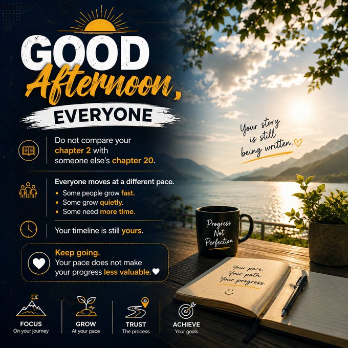 A motivational graphic saying 'Good Afternoon, Everyone' with encouraging text about not comparing your chapter 2 to someone else's chapter 20, featuring imagery of a coffee cup by a lake.