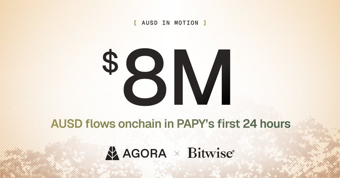 A promotional graphic with the text 'AUSD IN MOTION', showing '$8M' in large letters and 'AUSD flows onchain in PAPY's first 24 hours', co-branded with logos for AGORA and Bitwise.