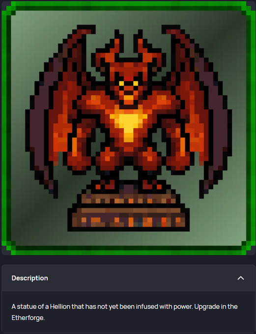 A pixel-art NFT depicts a red, demonic "Empty Hellion Statue" standing on a stone pedestal, described in the interface below as "A statue of a Hellion that has not yet been infused with power. Upgrade in the Etherforge." This aligns with the post announcing the giveaway of this NFT from the Enjin ecosystem to celebrate joining the @enjin Envoy program.