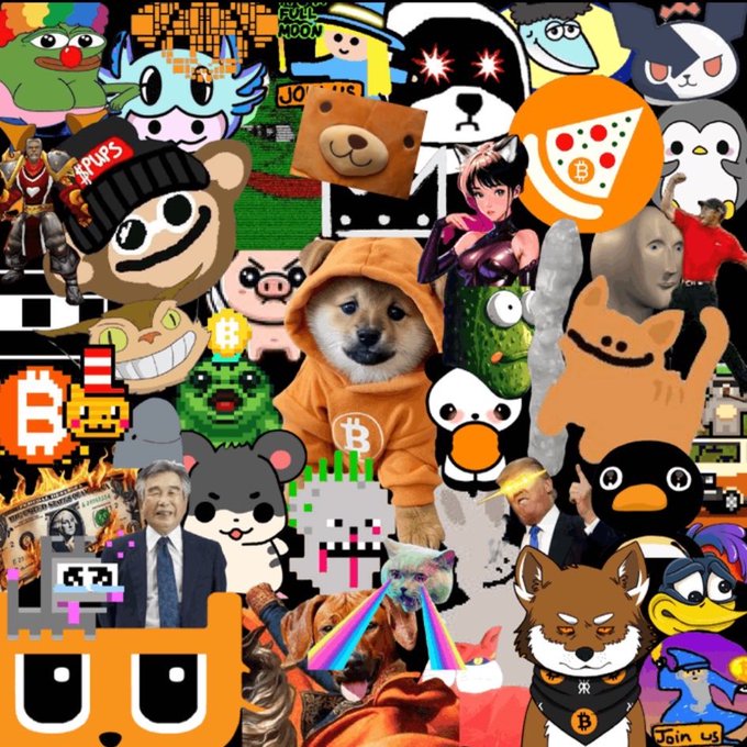 A dense collage of crypto meme imagery including Bitcoin logos, Doge, Cheems in an orange Bitcoin hoodie, Pepe, Shiba Inu, an owl, and various cartoon characters against a black background.