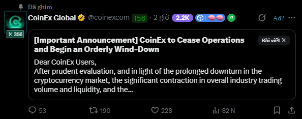 A screenshot of an X (Twitter) post from 'CoinEx Global' (@coinexcom) announcing '[Important Announcement] CoinEx to Cease Operations and Begin an Orderly Wind-Down' citing the cryptocurrency market downturn, showing 53 replies, 190 reposts, 228 likes, and 82K views.