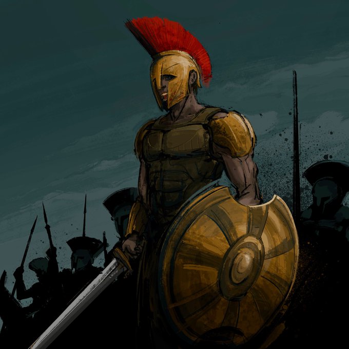 Digital artwork of a Spartan warrior in golden armor and red-crested helmet, holding a sword and shield against a dark, cloudy sky.