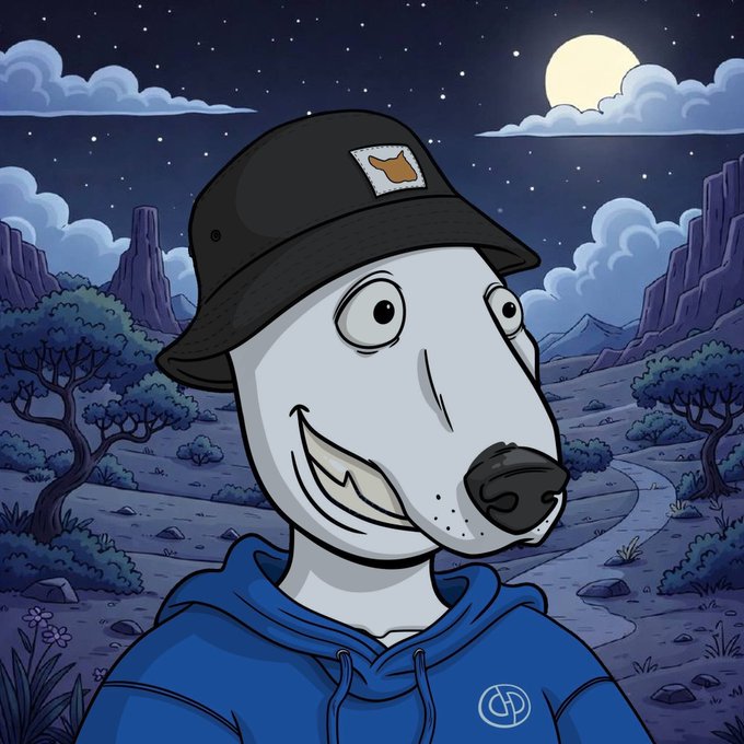 A cartoon illustration of a smiling white dog wearing a black bucket hat and a blue hoodie, set against a starry night landscape with a moon.