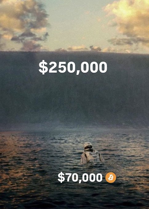 A moody scene of a figure standing in dark water beneath a stormy sky shows "$250,000" above and "$70,000" with a Bitcoin symbol below.