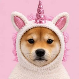 A Shiba Inu dog's face is shown wearing a fluffy pink and white unicorn hood against a solid pink background.