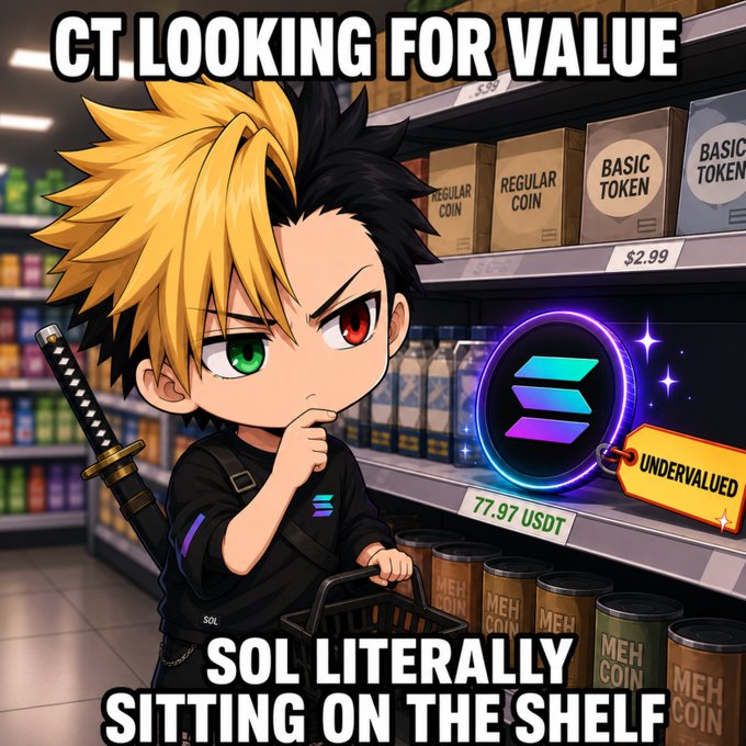 A cartoon meme styled after anime art showing a half-blonde, half-black-haired boy with heterochromia holding a sword in a store aisle, captioned 'CT LOOKING FOR VALUE' and 'SOL LITERALLY SITTING ON THE SHELF' next to a Solana token labeled 'UNDERVALUED' at 77.97 USDT.
