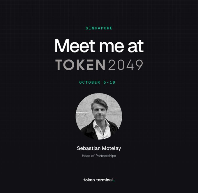 A promotional graphic for 'TOKEN 2049' conference in Singapore (October 5-10) featuring Sebastian Motelay, Head of Partnerships at Token Terminal, with a 'Meet me at TOKEN 2049' invitation.