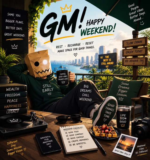 A motivational graphic reading 'GM! HAPPY WEEKEND! REST, RECHARGE, RESET' featuring a character with a paper bag over their head drinking coffee on a balcony with various inspirational texts.