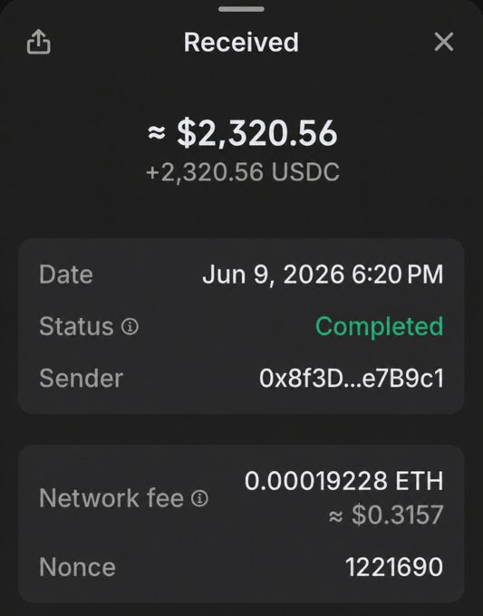 The image shows a screenshot of an app that displays a message about receiving money, stating "received". The text also mentions that the payment was made through a network fee, which could be for ether or bitcoin. The app's status bar indicates that the transaction is completed and sent successfully to the sender.
