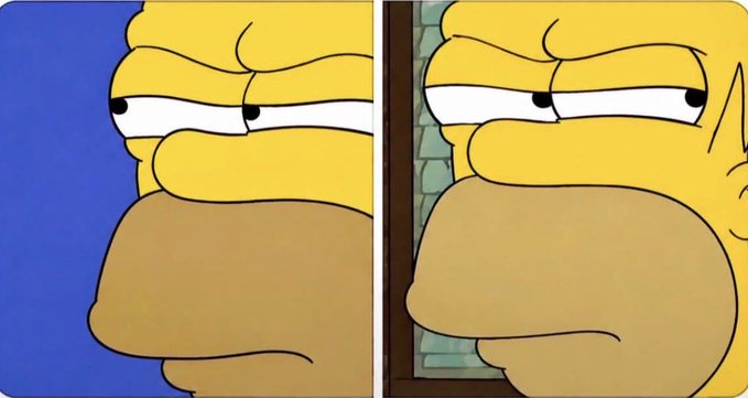 A split-screen comparison shows two nearly identical close-up frames of Homer Simpson's face with a deadpan expression, differing only slightly in background and facial shading.