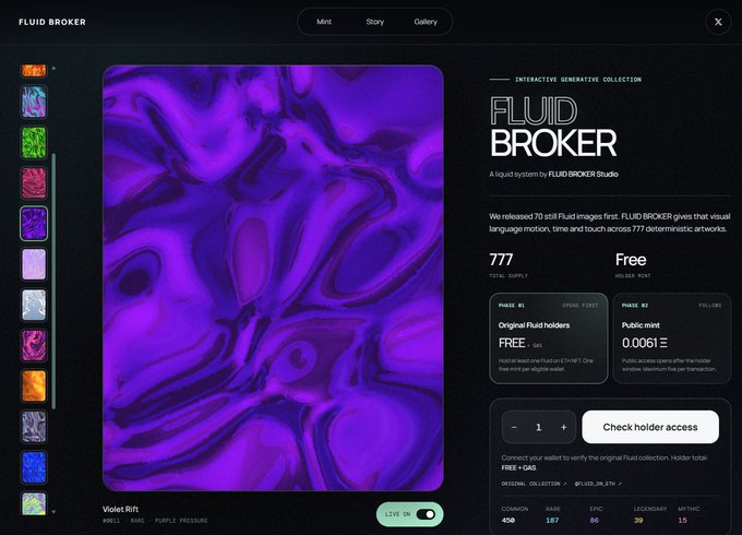 A webpage for 'FLUID BROKER' showing an interactive generative NFT collection featuring a purple swirling artwork titled 'Violet Rift,' with text noting 'INTERACTIVE GENERATIVE COLLECTION' and 'A liquid system by FLUID BROKER Studio.'