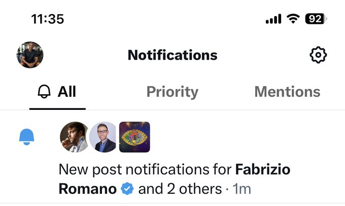 A mobile notifications screen shows a new post notification from Fabrizio Romano (verified) and 2 others, posted 1 minute ago. The image relates to the post by illustrating that the user has enabled notifications for accounts like Romano's to ensure they don't miss important football transfer news, since X's algorithm doesn't always surface relevant tweets on their feed.
