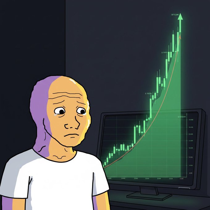 A cartoon illustration of a concerned-looking bald person watching a computer monitor displaying a green candlestick chart of Bitcoin skyrocketing sharply upward.