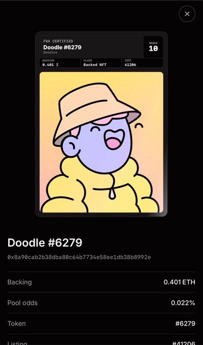 This image displays the profile for Doodle #6279, an FMA Certified NFT graded 10 backed by 0.401 ETH, corresponding to the "first pull" win and NFT kept by a Token Works backer mentioned in the text.