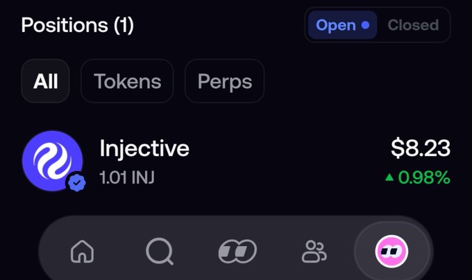A crypto portfolio app showing an open position of 1.01 INJ (Injective) valued at $8.23, up 0.98%.