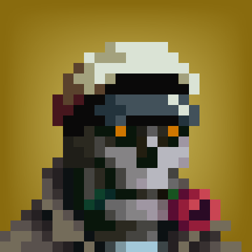A pixel art illustration of a bearded figure wearing dark goggles, set against a solid mustard-yellow background.