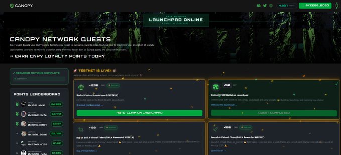 Screenshot of the Canopy Network Quests page on LaunchPro Online, showing CNPY Loyalty Points, a points leaderboard, and quests like 'Rocket Contest Leaderboard' and 'Connect $1M Wallet on Launchpad'.
