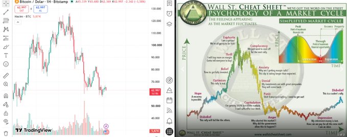 A split-screen image showing a TradingView chart of Bitcoin/Dollar (BTC/USD) on the left with a price of 62,997, alongside a "Wall St. Cheat Sheet: Psychology of Market Cycles" infographic on the right illustrating the various emotional stages of market fluctuations.