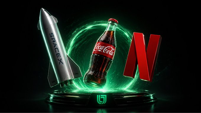 A promotional graphic with a SpaceX rocket, a Coca-Cola bottle, and the Netflix 'N' logo arranged on a platform with a glowing green portal background.