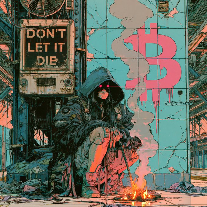 Digital artwork by 'The BitcoinArtist' depicting a hooded figure with glowing pink eyes sitting in a post-apocalyptic setting next to a Bitcoin logo and a sign reading 'DON'T LET IT DIE'.